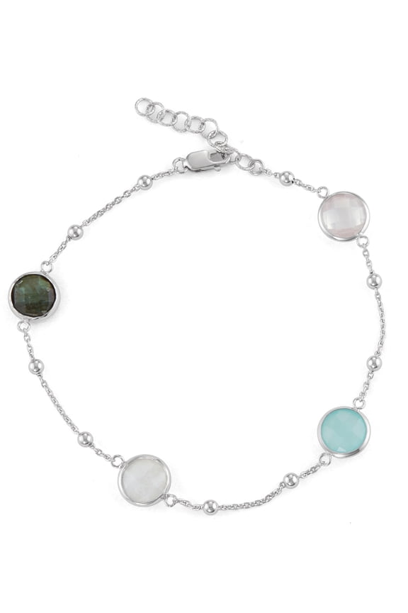 Silver Bezel Bracelet with Small Silver Stations Round Gemstones