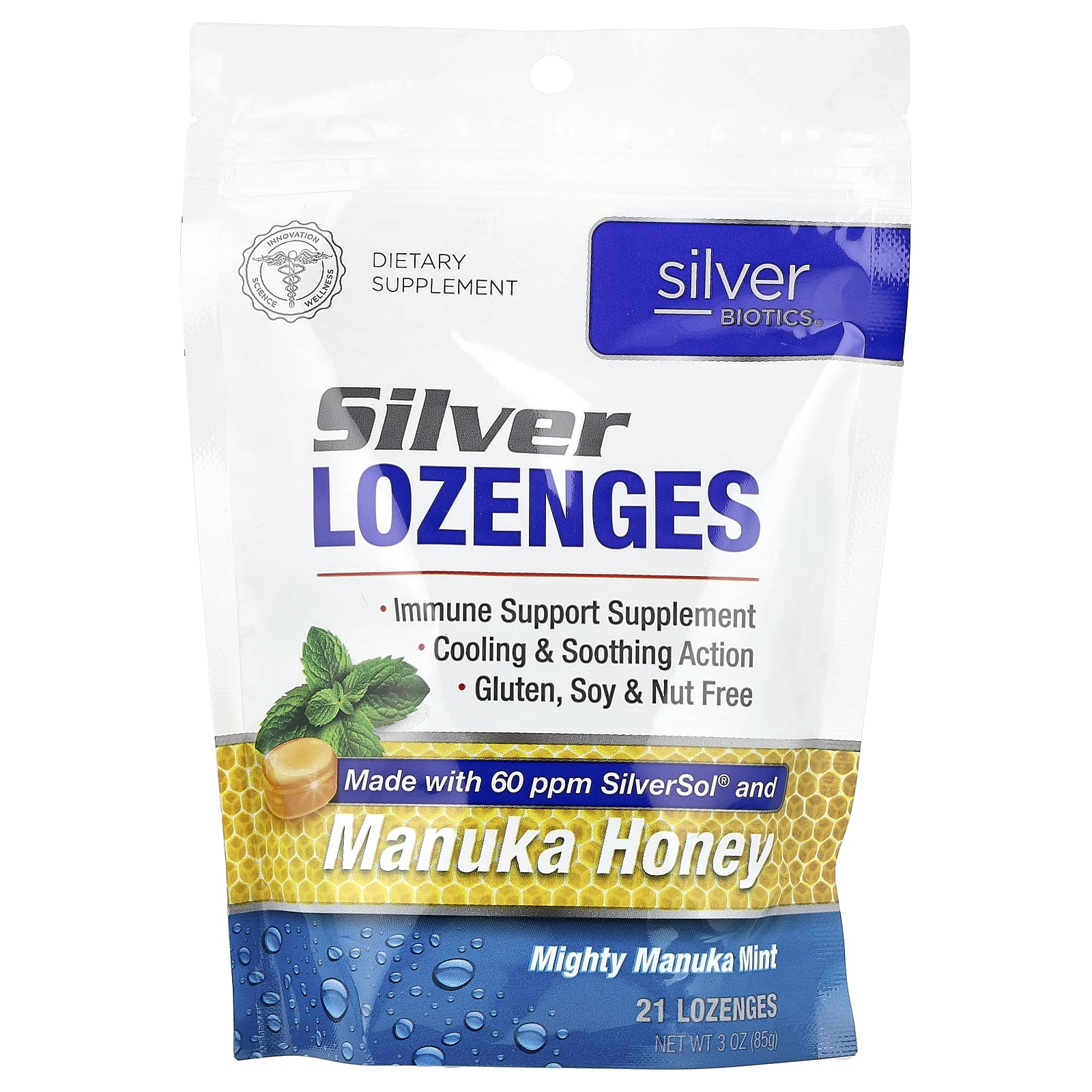 American Biotech Labs Silver Lozenges, Mighty Manuka Mint, 21 Lozenges, 3 oz (85 g)