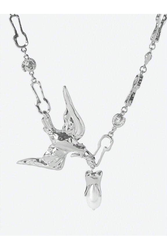 Silver Bird Pendant Long Statement Necklace With Pearl Drop