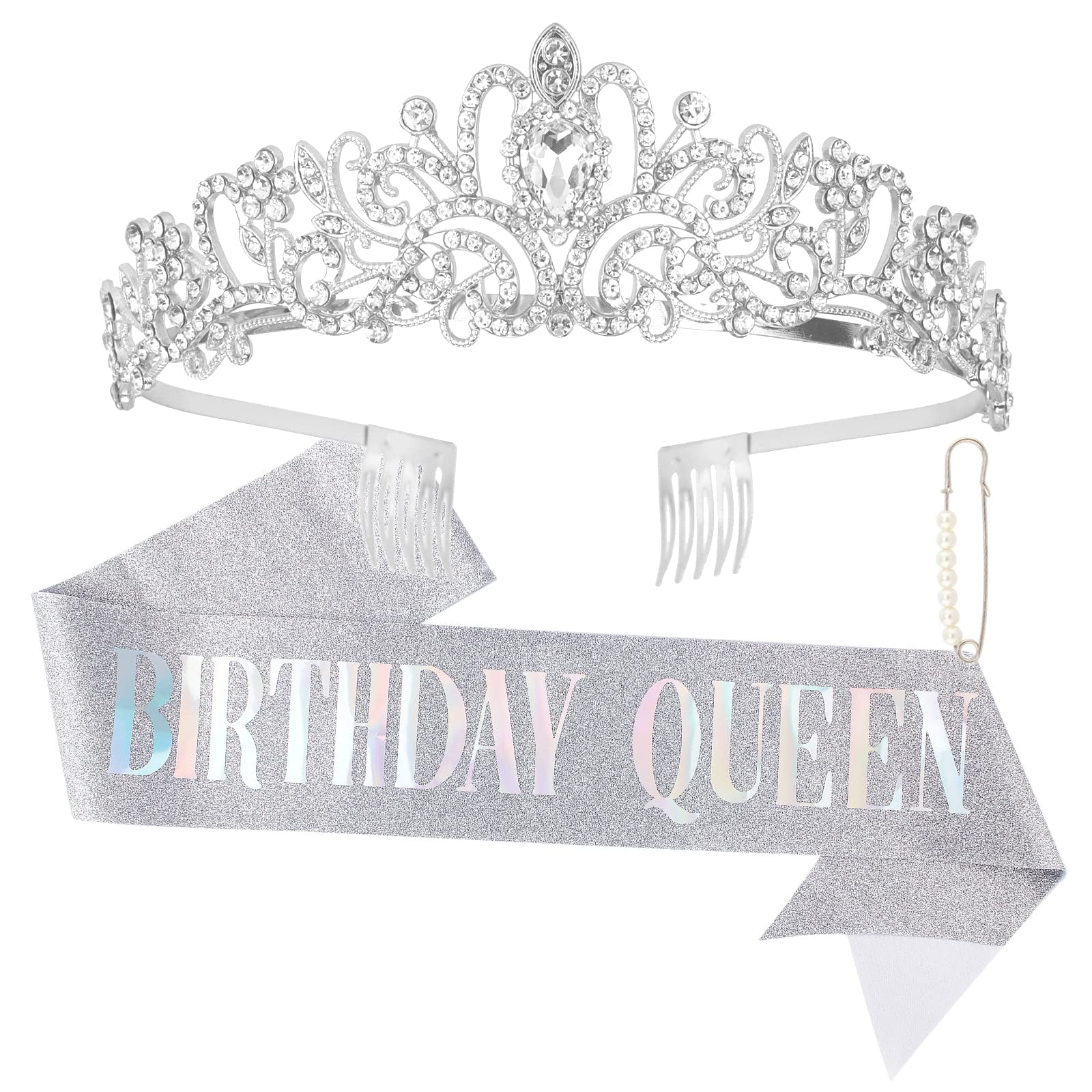 Silver Birthday Crowns for Women Birthday Queen Sash and Tiara for