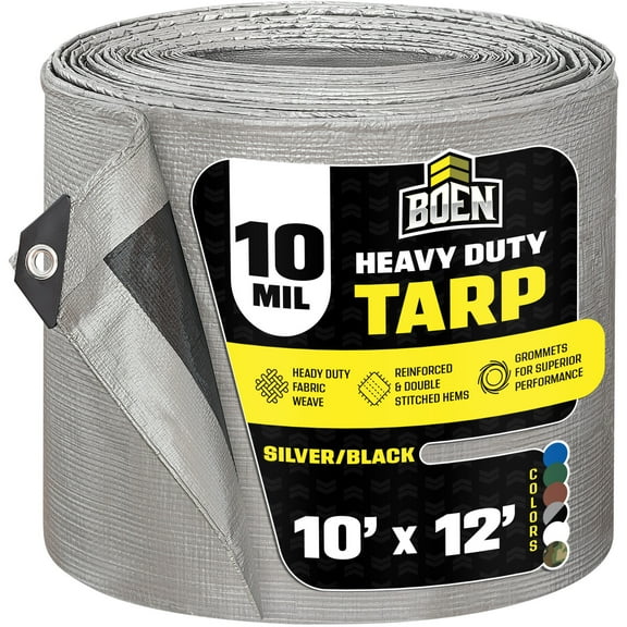 10 ft. x 12 ft. Heavy-Duty Commercial Silver/Black Tarp Cover 10 Mil Thick Weave Material, Waterproof