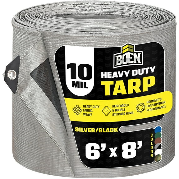 6 ft. x 8 ft. Heavy-Duty Commercial Silver/Black Tarp Cover 10 Mil Thick Weave Material, Waterproof
