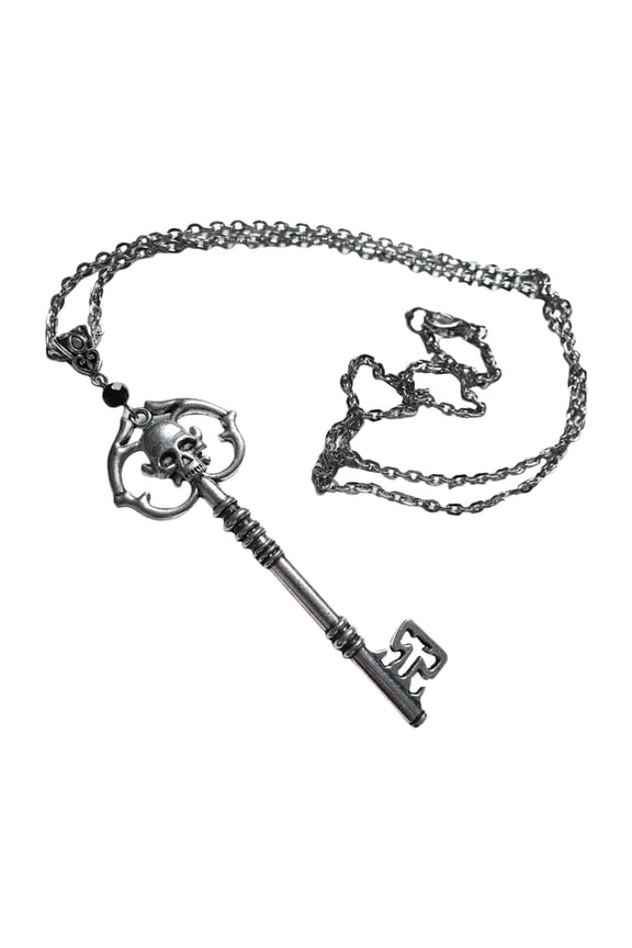 Silver Black Alloy Combination Skeleton Key and Head Pendant Necklace with Exquisite Craftsmanship, Alloy Silver One Size, Unique Design, Can Be Used as Keychain, Fashionable