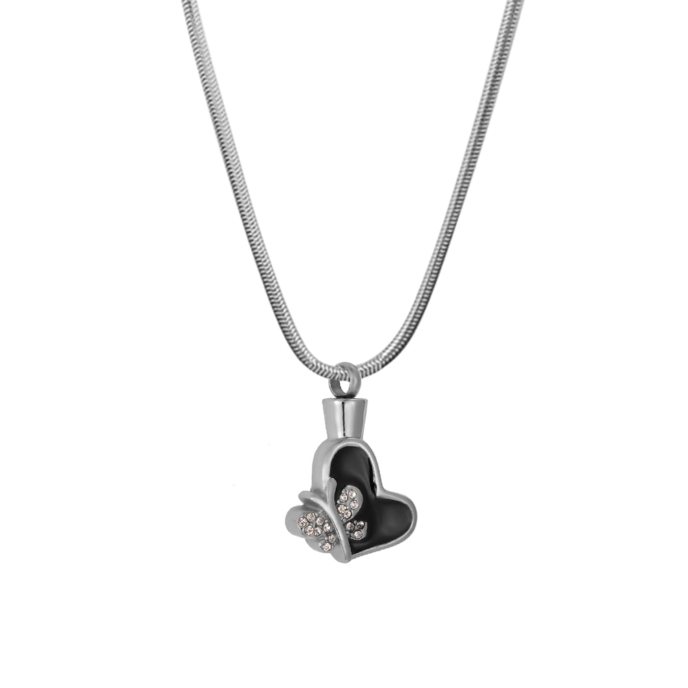 Silver Black Crystal Butterfly Heart Cremation Urn Necklace for Ashes Holder Keepsake Memorial Pendant Jewelry Free Funnel Kit