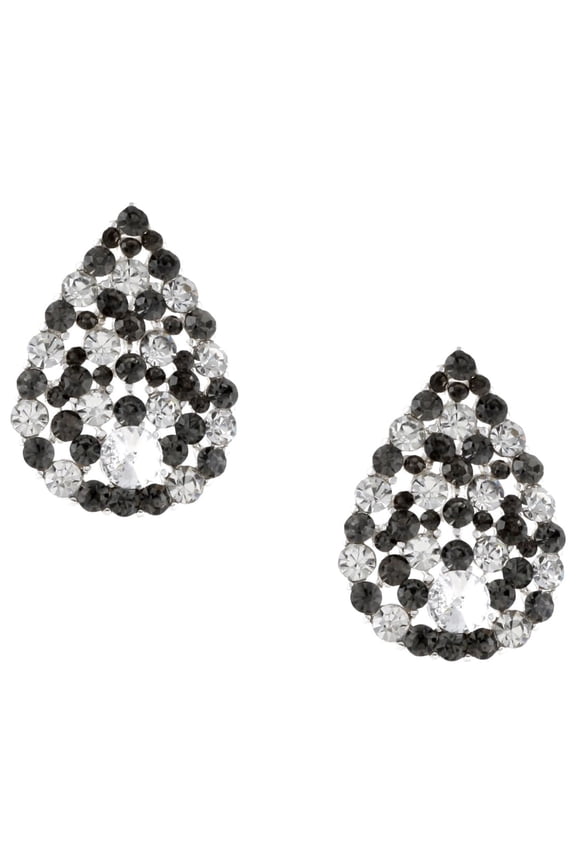 Silver Black Diamond Rhinestone Pave Pear Teardrop Shaped Stud Earrings