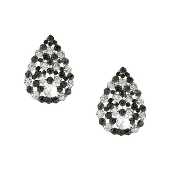 Silver Black Diamond Rhinestone Pave Pear Teardrop Shaped Stud Earrings