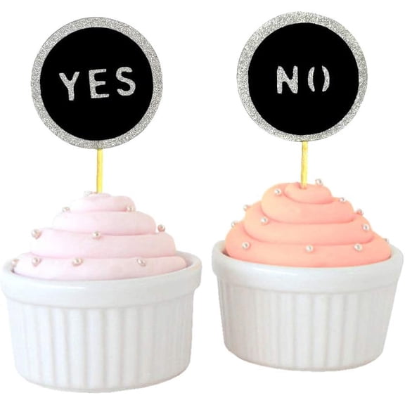Silver Black Glitter YES NO Cupcake Toppers, Round Question Mark Cupcake Picks for Game Night Bachelor Party Decorations, 12Pcs