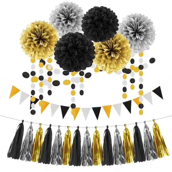 Silver Black Gold Party Decorations - 23pcs Tissue Paper Flowers Pom Poms Tassel Garland Pennant Banner Flags Streamers Birthday New Years Eve Retirement Graduation Classroom Hanging Decor Supplies