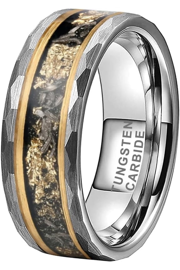 Silver/Black Hammered Tungsten Rings for Men Women Engagement Wedding Bands Comfort Fit