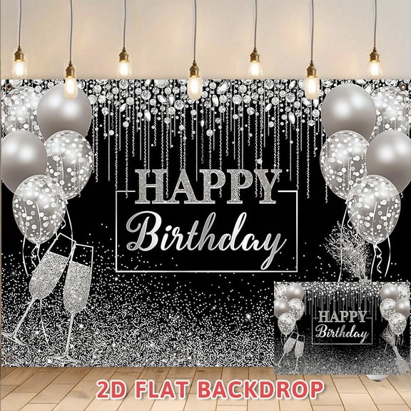 Silver Black Happy Birthday Backdrop, Glittery Adult Birthday Party Decoration Banner, Perfect for Anniversary Celebrations, Party Events and Photo Booth Backdrop