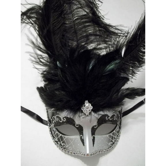Silver Black Jewel Feather Venetian Mardi Gras Masquerade Mask