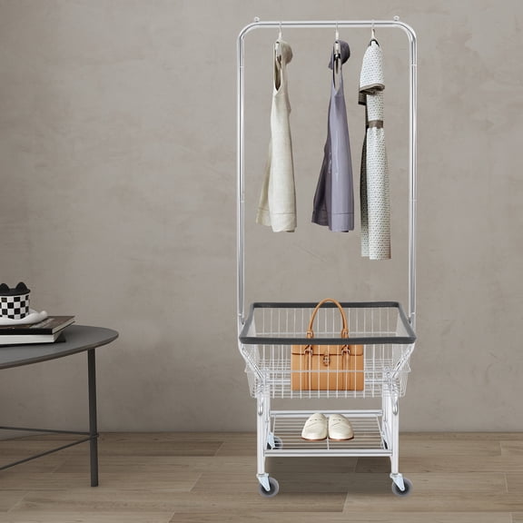Silver+Black Laundry Cart with 4 Wheels and Hanging Rack, Metal Wire Laundry Hamper with Storage Basket and Shelf,Steel Frame Laundry Sorter Cart, 110 lbs Load Capacity
