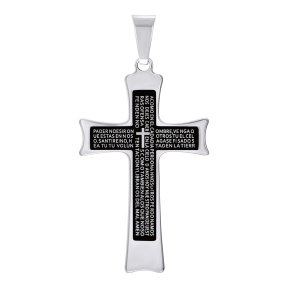 Silver & Black Plated Two-Tone Stainless Steel Men's Polished Finish Spanish Lord's Prayer Cross Pendant Religious Charm | Color Options