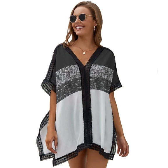 Silver Black Sequins Painting Women's Swimsuit Coverup Summer Beach Cover Up Bathing Suit Dress