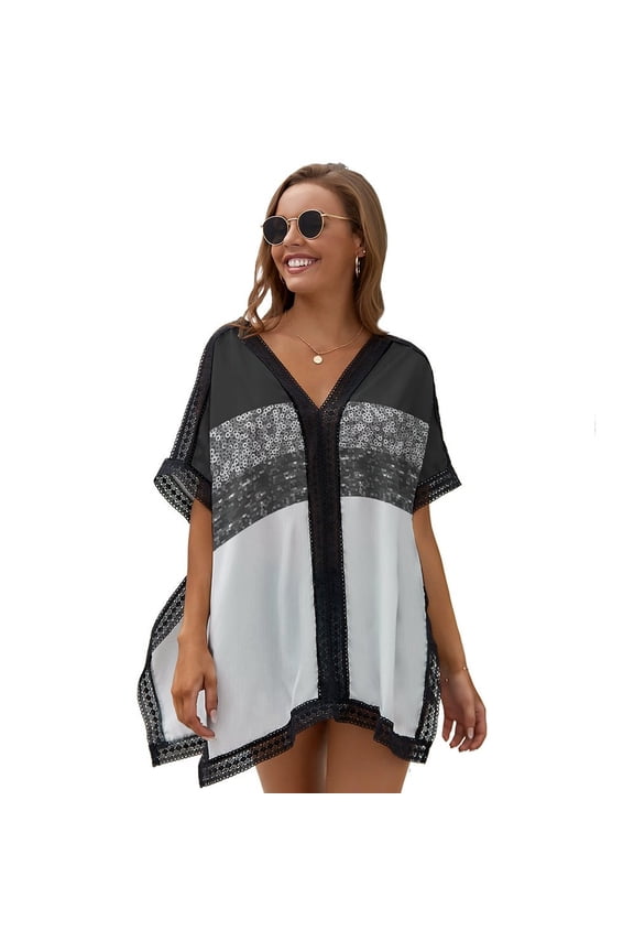 Silver Black Sequins Painting Women's Swimsuit Coverup Summer Beach Cover Up Bathing Suit Dress