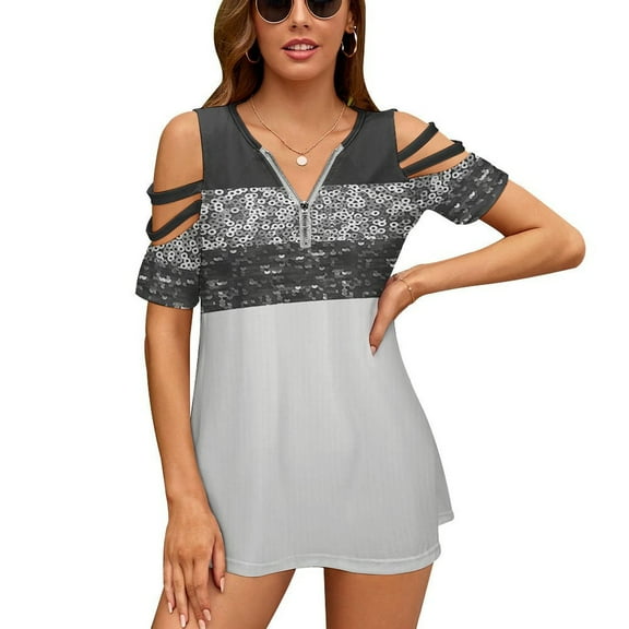 Silver Black Sequins Painting Womens Summer V Neck Zipper Top Short Sleeve T Shirt Off Shoulder Top Casual Classy Loose Shirts