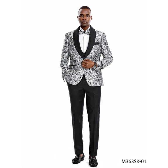 Silver / Black Shawl Collar Paisley Mens-suit
