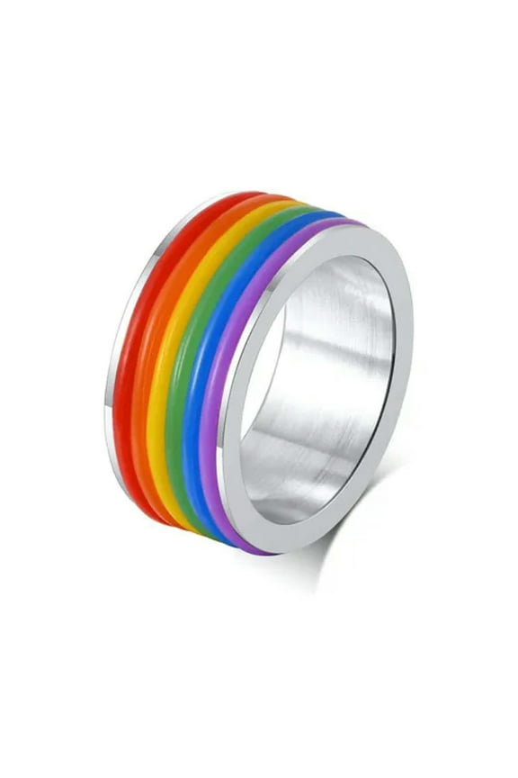 Silver/Black Stainless Steel Band Rainbow Silicone Jewelry Men's Ring Size 6-13