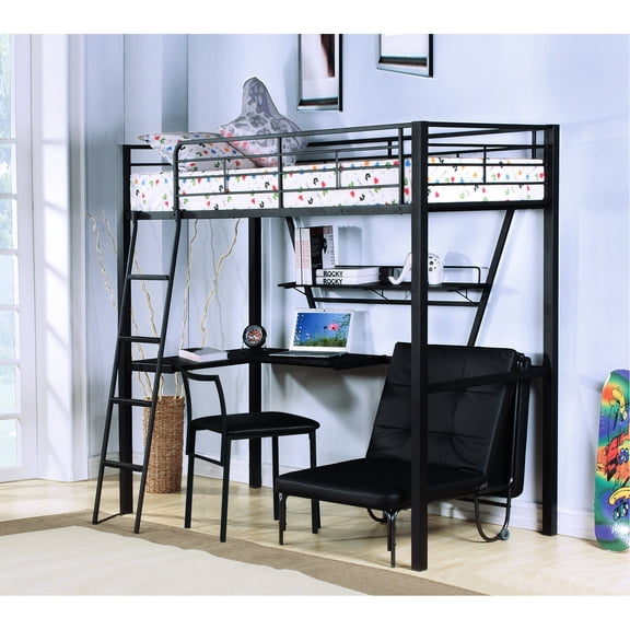 Silver & Black Twin - Reversible Ladder and Guardrail - Studio Apartment - Mattress Support Loft Bed