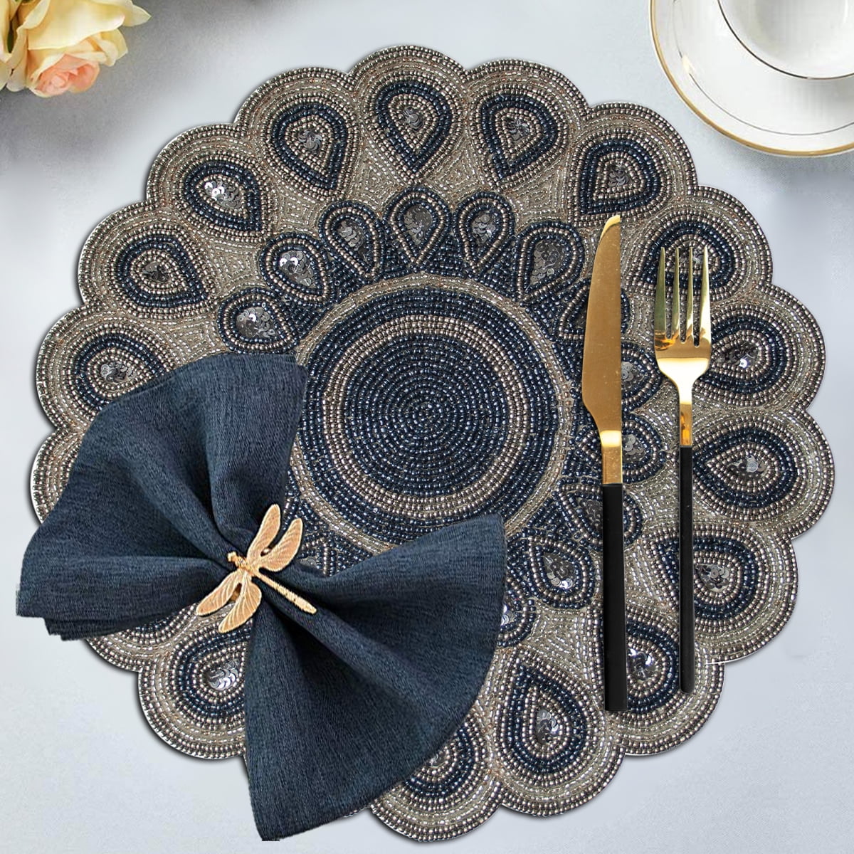 Silver Blue Beaded Placemats Set of 2 Peacock Design for Dining Coffee