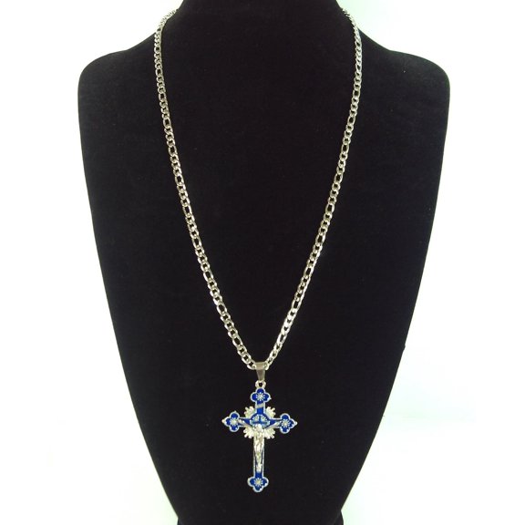 Silver Blue Enamel Cross Faith Lord's Prayer Religious Crucifix Heavy Stainless Steel Pendant Chain Necklace Set Gift 18"/20"/22"/24"/26"/28''/30''