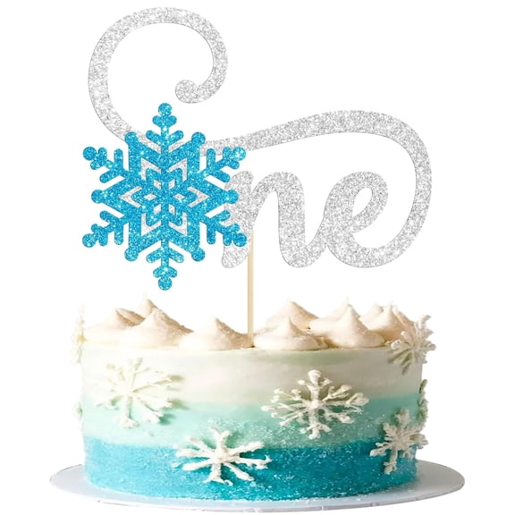 Silver & Blue Glitter One Snowflake 1st Birthday Cake Topper, Single Piece Snowflake Number 1 Cursive Design DoubleSided Winter 1st Birthday Cake Decor for Baby Supplies