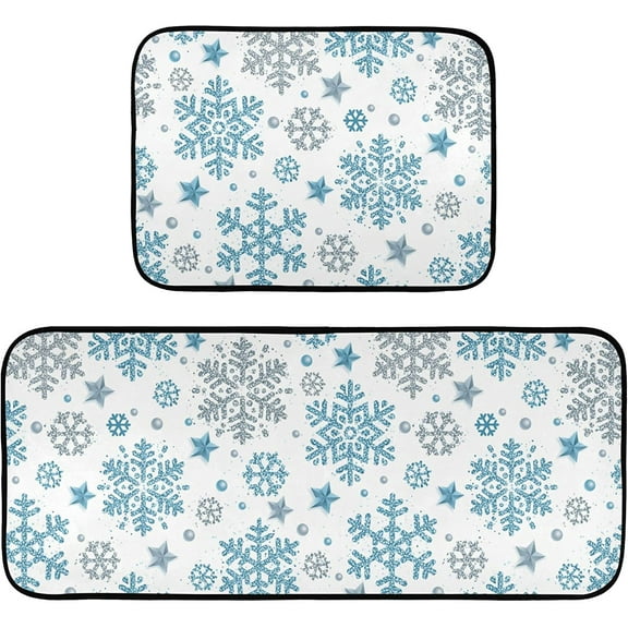 Silver Blue Glitter Snowflakes Kitchen Rug and Mat Set of 2 Anti Fatigue Non Slip Washable Winter Snow Runner Rugs Floor Mats for Christmas X-mas Holiday Kitchen Laundry Room Home Decor