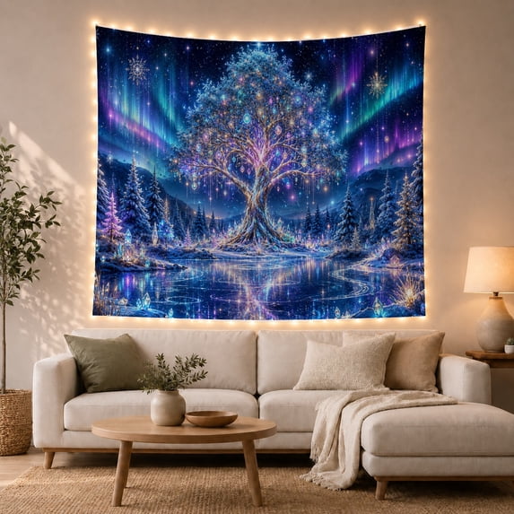 Silver-Blue Jeweled Tree Beside a Frozen Lake, Mystical Fantasy for Nature Lovers, Winter Wonderland Decor, Christmas Gift Tapestry Wall Hanging for Bedroom and Living Room
