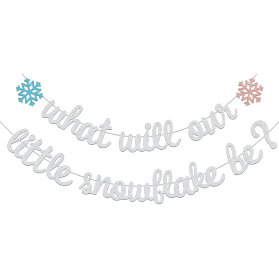 Silver Blue Pink Glitter What Will Our Little Snowflake Be Banner with Snowflake Cutouts, Winter Snowflake Gender Reveal Baby Shower Decor