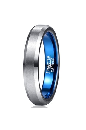 Silver Blue Tungsten Carbide Promise Ring Band Brushed Finish Beveled Edge Comfort Fit Rings