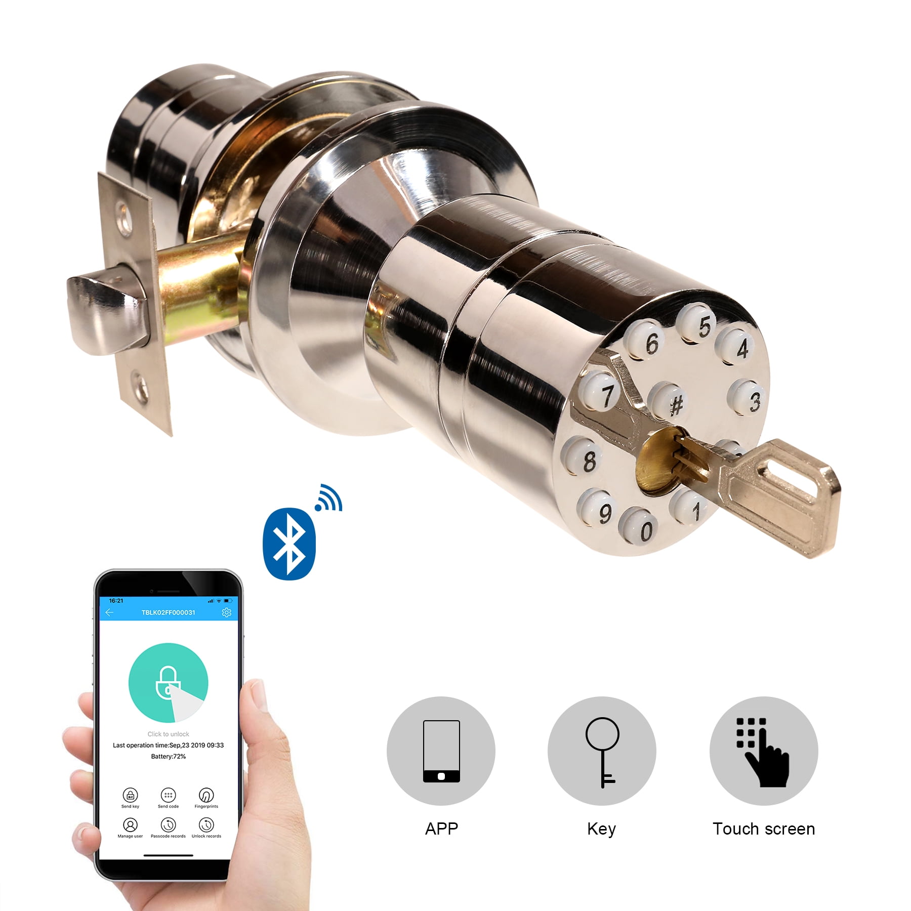 Silver Bluetooth Keyless Security Smart Lock with App Backup Mechanical ...