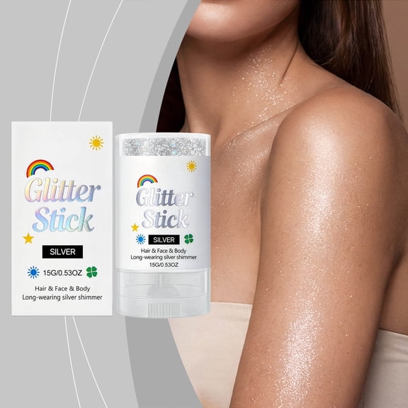 Silver Body Glitter Stick, Sparkly Face Glitter Makeup 0.53 Oz, Shimmer Face Paint Stick with Natural Fit & Portable Design for Easy Application, Festival Accessories Glitter