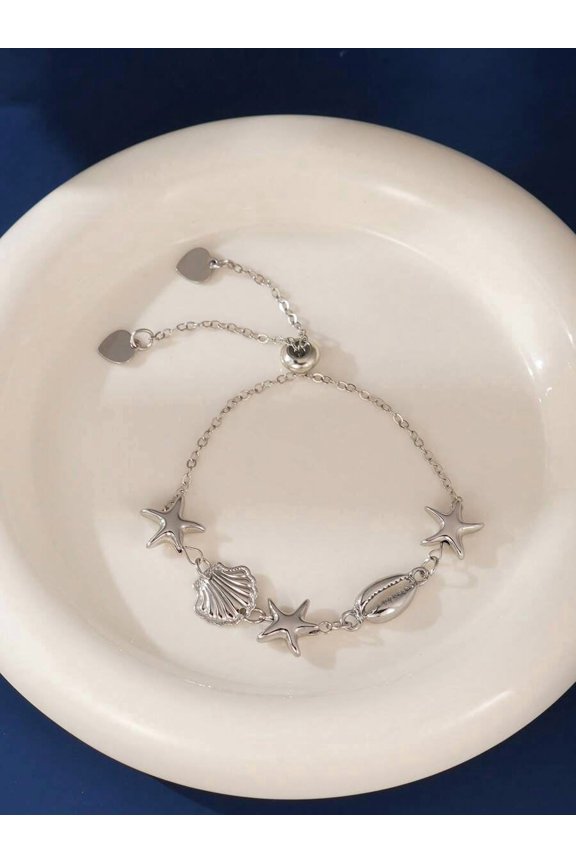 Silver Bohemian Ocean Shell And Starfish Charm Adjustable Chain Bracelet For Women