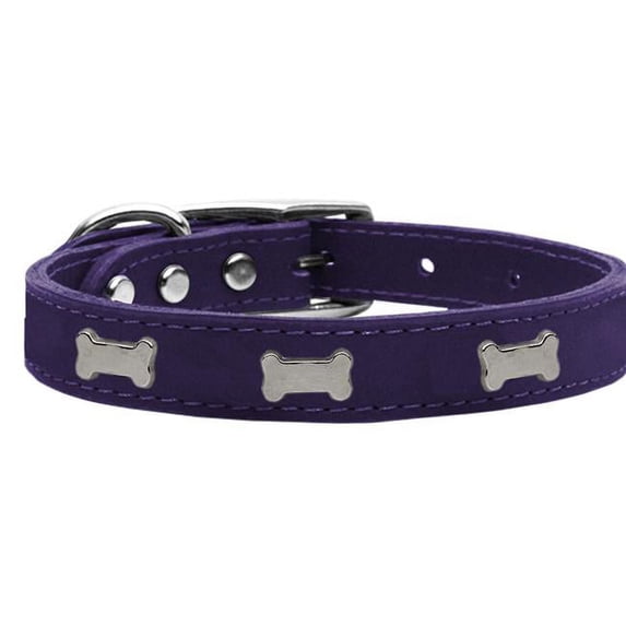 Silver Bone Widget Genuine LeaTher Dog Collar, Purple - Size 14