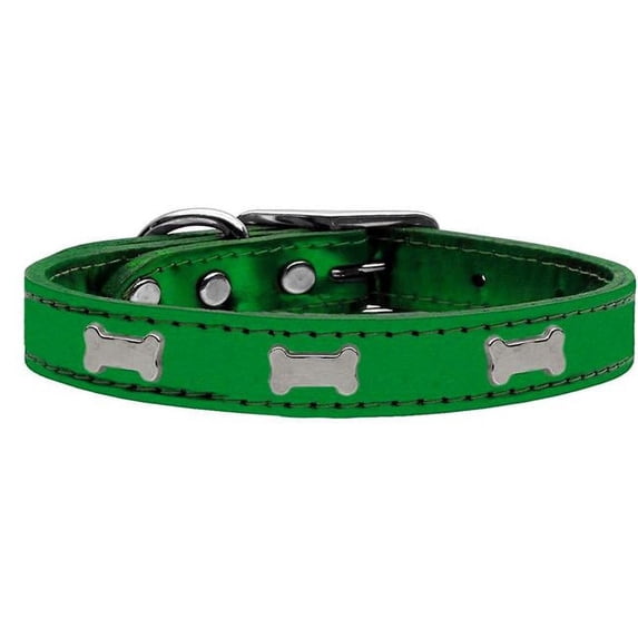 Silver Bone Widget Genuine Metallic Leather Dog Collar, Emerald Green - Size 12