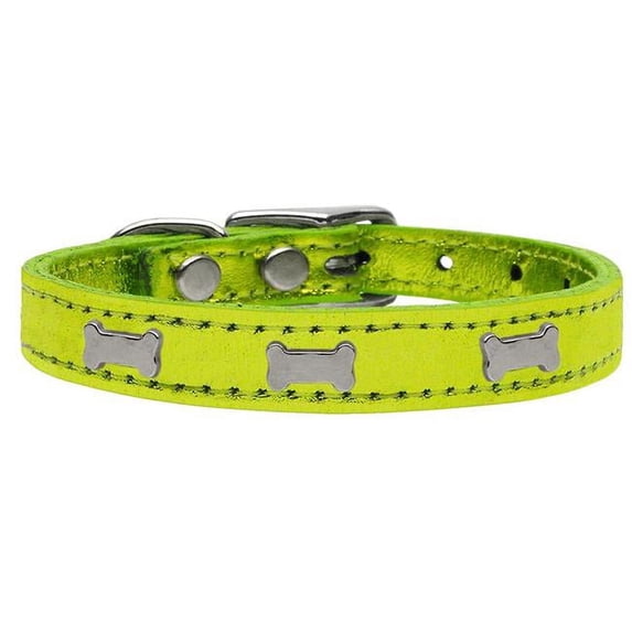 Silver Bone Widget Genuine Metallic Leather Dog Collar, Lime Green - Size 10