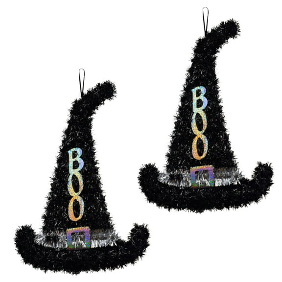 Silver Boo Tinsel Witch's Hat Decorations 15.5x11.5In Halloween Holiday Door Wreath Mage Doorway Walls Ceilings Tree DIY Art Material Supply Craft Garland Banner Party Favor Indoor Outdoor Pack of 2