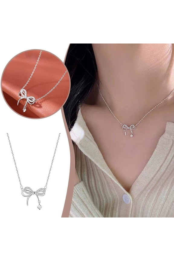 Silver Bow Necklace Light Simple Design, Alloy, Silver, Chain40-45cm, Versatile for Gift