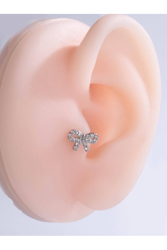 Silver Bow-Shaped Cubic Zirconia Cartilage Stud Earring - 1 Piece