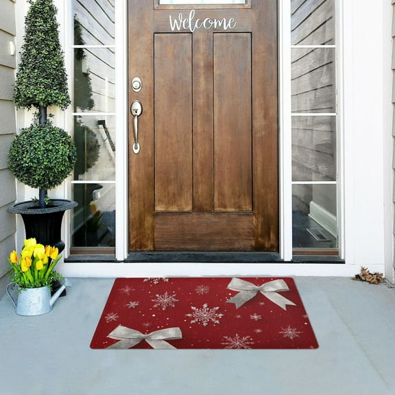 Silver Bows White Snowflakes Christmas Doormats Welcome Mats Gate Pads Entryway Outdoor 32" x 20"