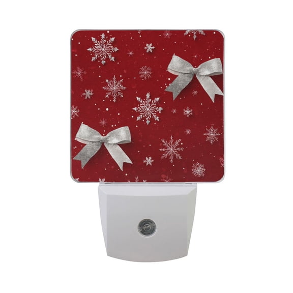 Silver Bows White Snowflakes Christmas LED Night Light Sensor Lamp Plug-in Adjustable Brightness 2 Pack