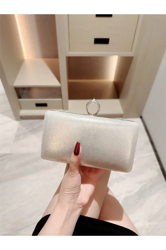 Silver Box Clutch Evening Bag With Rhinestone Ring Buckle