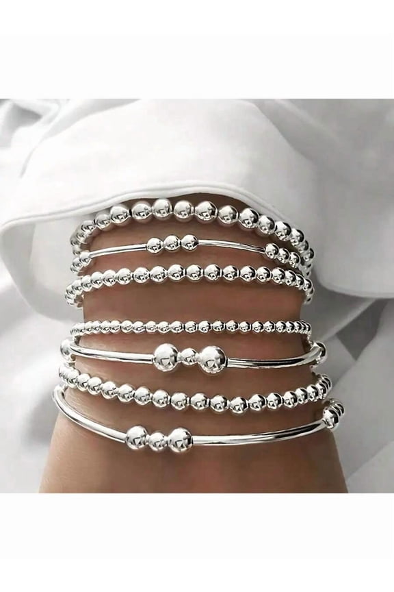 Silver Bracelet Set 7 Pieces Fashion Bangle Stack
