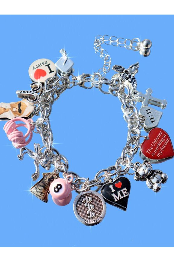 Silver Bracelet With Retro Teddy Bear, Heart & Slogan Charms, Chain Style
