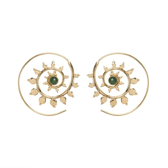 Silver Brass Green Gemstone Boho Sun Flower Spiral Threader Earrings