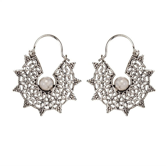 Silver Brass Moonstone C-Shape Sun Filigree Disc Hoop Earrings
