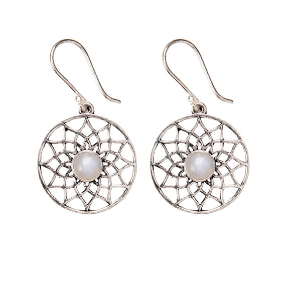 Silver Brass Moonstone Gemstone Cut-Out Flower of Life Dangle Earrings