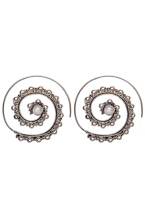 Silver Brass Moonstone Mandala Dot Work Spiral Threader Earrings