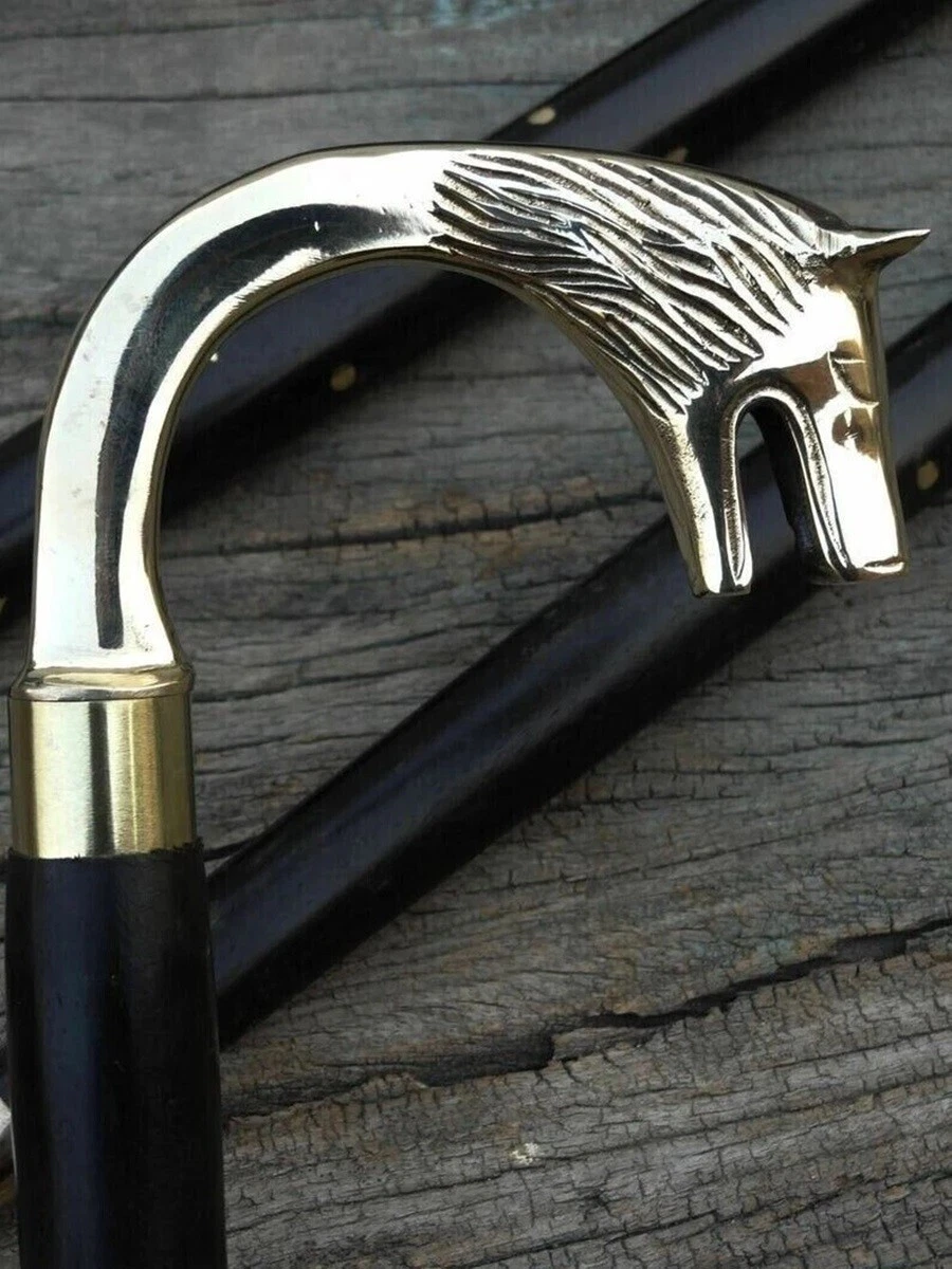 Silver Brass Wolf Head Handle Walking Cane  Black Wooden Shaft  Designer Gift Stick