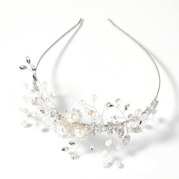 Silver Bridal Headband, Handmade Pearl Crystal Wedding Headpiece with Alloy Flowers & Rhinestones for Bride Hair Accessory Evening Party Photo Prop(Q)
